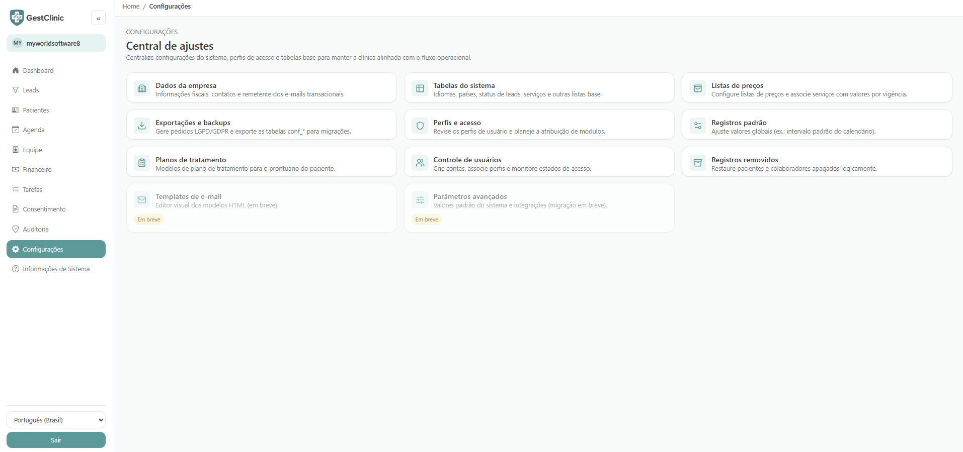 Tela de configurações do GestClinic